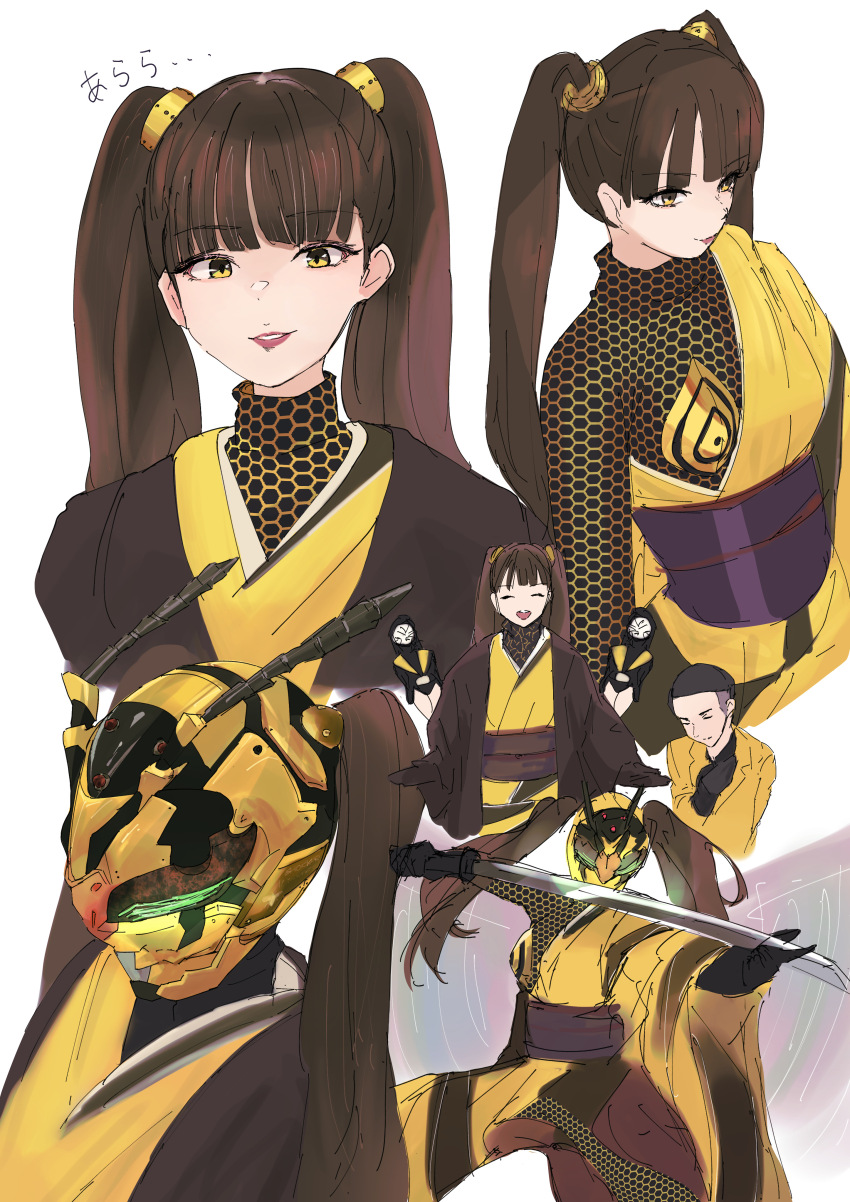 1boy 3girls absurdres antennae arthropod_girl bee_girl black_gloves brown_hair close-up cycloneactionx gloves hachi_augment_01 highres holding holding_sword holding_weapon insect_girl japanese_clothes kamen_rider kimono looking_at_viewer mask multiple_boys multiple_girls shin_kamen_rider smile sword tokusatsu twintails weapon yellow_eyes yellow_kimono