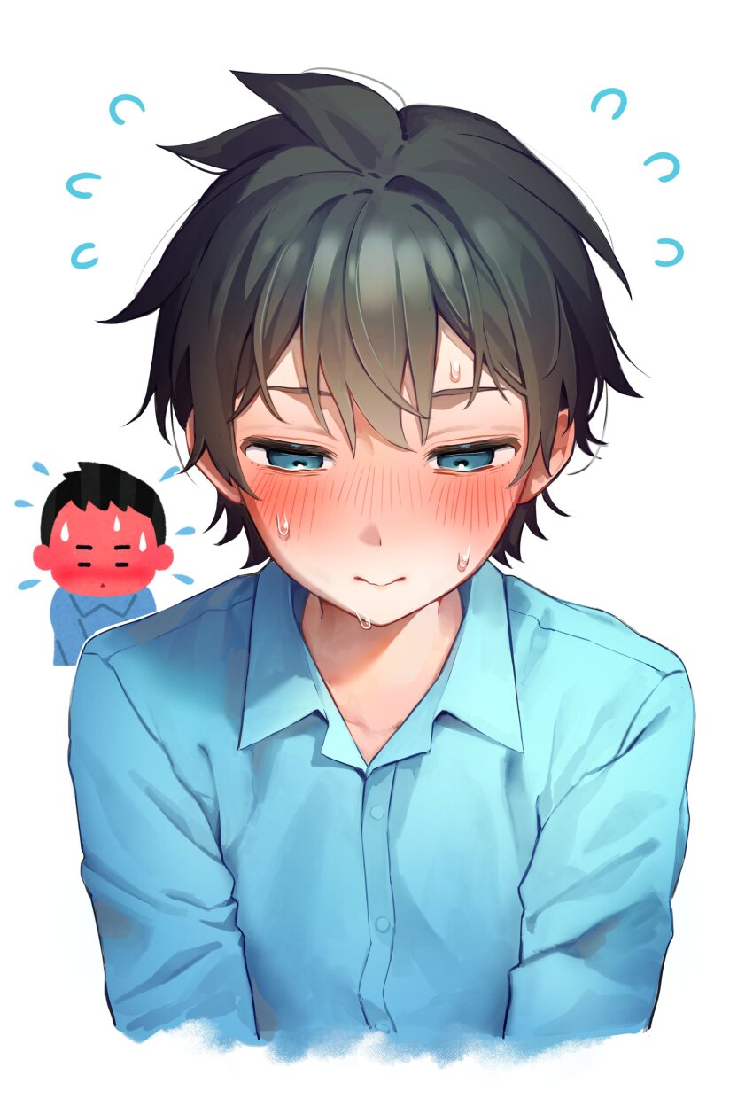 1boy absurdres aruminsuko black_hair blue_eyes blue_shirt blush commentary_request flying_sweatdrops full-face_blush highres irasutoya irasutoya_challenge male_focus nervous_sweating reference_inset shirt solo sweat upper_body