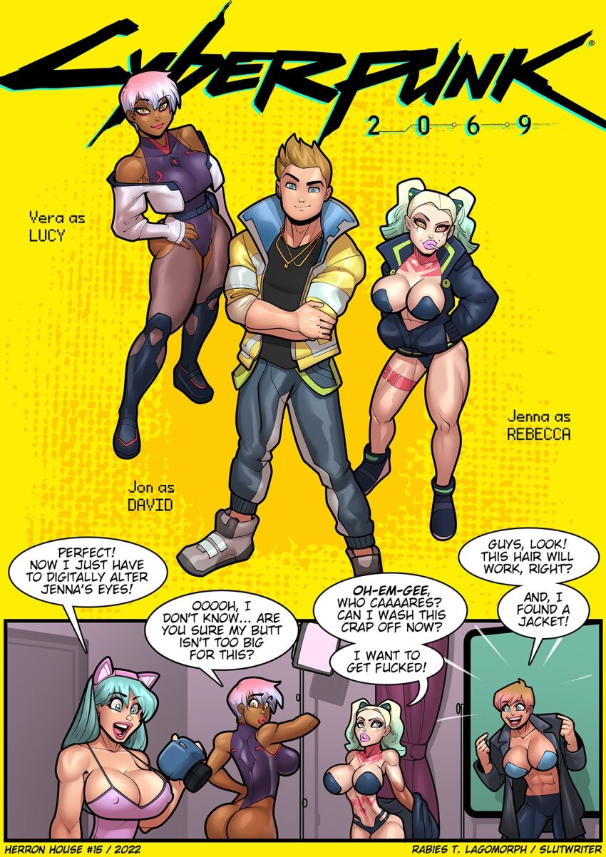 1boy 4girls abs bimbofication black_shirt blonde_hair blue_eyes blue_hair breasts cosplay cousins cyberpunk_(series) cyberpunk_edgerunners dark-skinned_female dark_skin david_martinez david_martinez_(cosplay) english_text herron_house_(series) highres jacket jacqui_herron jenna_herron jewelry jon_herron_(slutwr1ter) judith_herron_(slutwri1er) large_breasts lucy_(cyberpunk) lucy_(cyberpunk)_(cosplay) multiple_girls multiple_views muscular muscular_female my_mom_and_sister_are_size_queen_sluts necklace open_clothes open_jacket pink_tank_top rabies-t-lagomorph rebecca_(cyberpunk) rebecca_(cyberpunk)_(cosplay) shirt short_hair slutwr1ter speech_bubble tank_top vera_herron yellow_background yellow_eyes