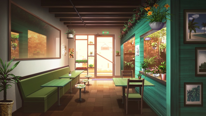 booth_seating brick_wall english_text fern glass_door glowing hanging_plant hanging_sign haze highres indoors mirror no_humans non-web_source official_art our_life:_beginnings_and_always photo_(object) plant potted_plant reflective_surface scenery shop sign stool sunset table tile_floor tiles variant_set window wooden_chair wooden_table wooden_wall