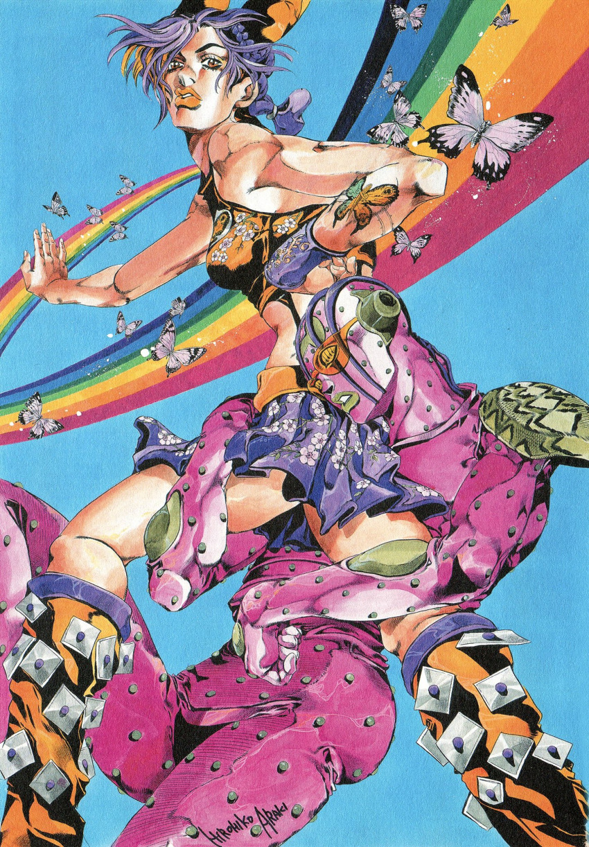 1girl araki_hirohiko artist_name blue_background braid bug butterfly double_bun hair_bun hand_up highres insect jojo_no_kimyou_na_bouken kuujou_jolyne non-web_source official_art rainbow signature simple_background stand_(jojo) stone_free stone_ocean