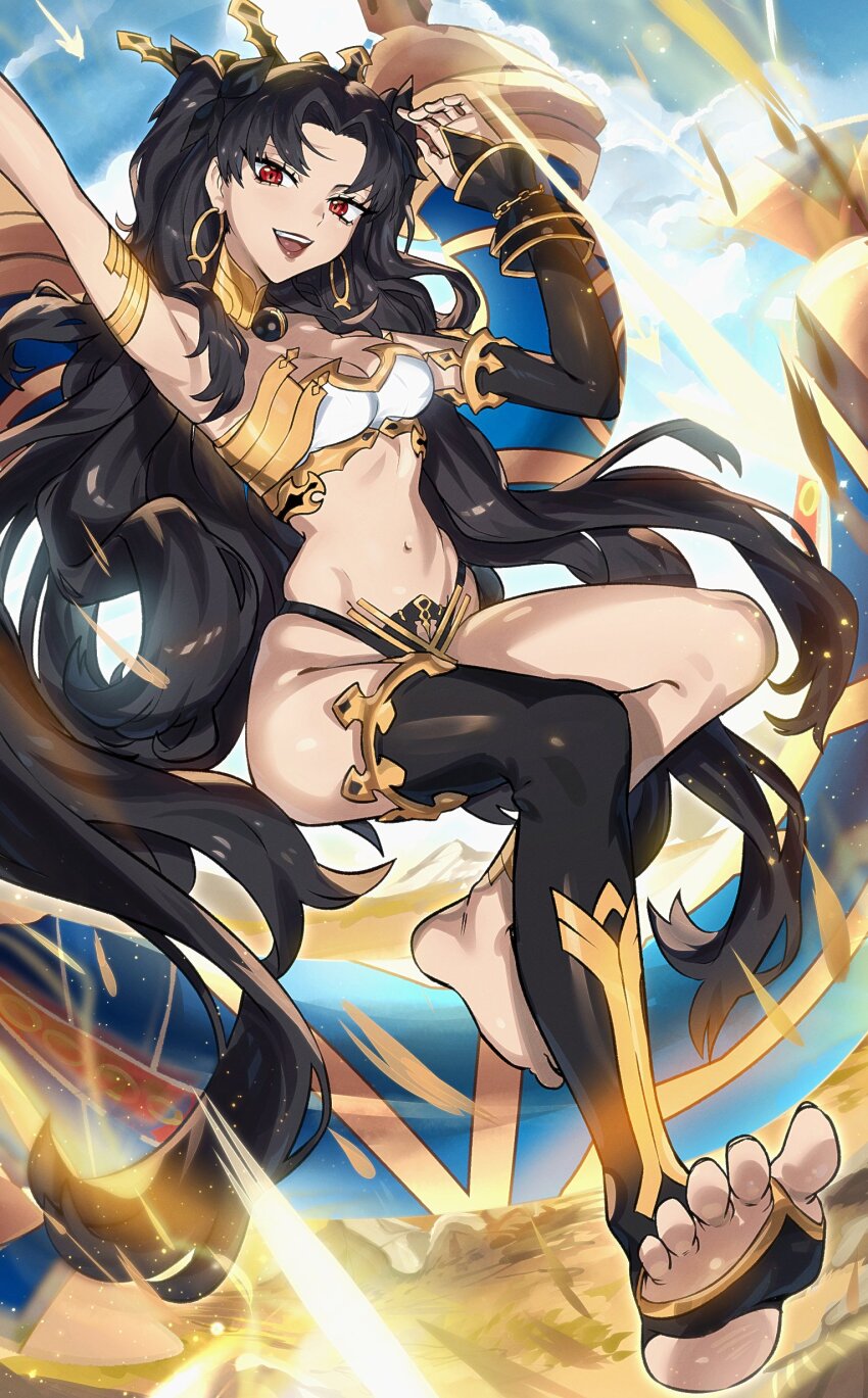 1girl absurdres breasts fate/grand_order fate_(series) highres ishtar_(fate) looking_at_viewer no_shoes open_mouth red_eyes ryairyai smile solo tiara twintails
