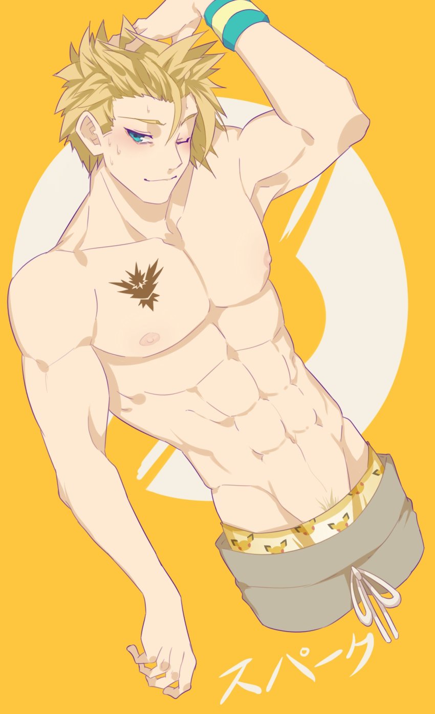 10s 1boy ;) abs absurdres arm_up blonde_hair blue_eyes blush boxers character_name chishio dutch_angle emblem hand_in_own_hair highres male_focus male_underwear nintendo nipples one_eye_closed pokemon pokemon_go print_boxers print_male_underwear pubic_hair smile smirk solo spark_(pokemon) tattoo topless_male underwear wristband
