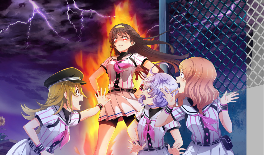4girls ahoge asada_aoi baseball_uniform belt belt_buckle belt_pouch bike_shorts_under_skirt black_belt black_gloves black_hair black_hat black_pouch black_shorts black_undershirt blonde_hair blue_eyes blunt_bangs buckle chain-link_fence cinderella_series closed_mouth cloud cloudy_sky curly_hair fence fingerless_gloves flower gakuseibou game_cg gloves hachigatsu_no_cinderella_nine hairband hanayama_emi hands_on_own_hips hat highres iwaki_yoshimi long_hair looking_at_another multiple_girls neckerchief non-web_source official_art open_mouth outdoors pink_hair pink_neckerchief pleated_skirt pouch purple_hair purple_sky red_eyes satogahama_baseball_uniform shirt shirt_under_shirt short_hair short_sleeves shorts skirt sky sportswear standing striped_belt striped_clothes striped_shirt sunflower sweatdrop teeth thunder tsukishima_yui_(hachigatsu_no_cinderella_nine) upper_teeth_only v-shaped_eyebrows vertical-striped_clothes vertical-striped_shirt wristband yellow_hairband