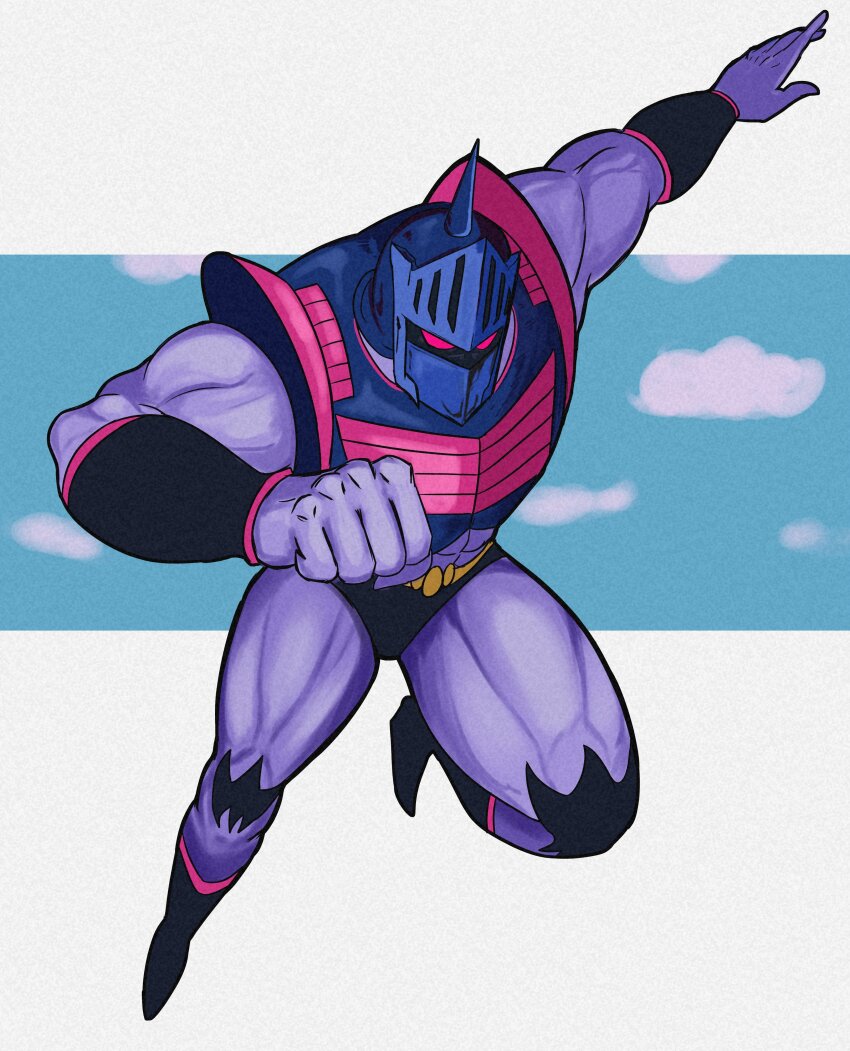 1boy abs absurdres armor artist_request biceps crossed_arms full_body helmet highres jumping kinnikuman large_pectorals looking_at_viewer manly muscular pectorals red_eyes robin_mask shaded_face solo