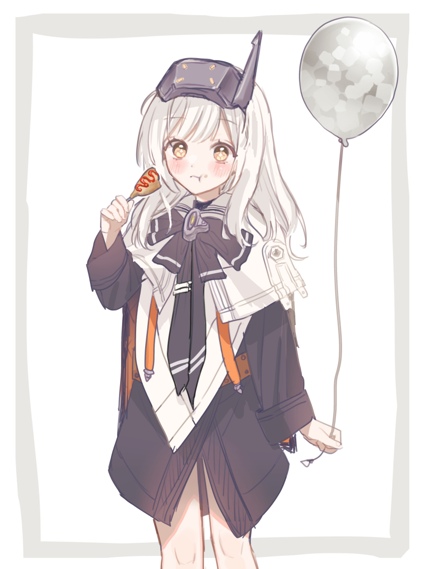 1girl absurdres balloon bare_legs black_bow blush bow cloak closed_mouth eating food food_on_face goddess_of_victory:_nikke hand_up head-mounted_display highres holding holding_balloon holding_food kumo_tabetai long_hair looking_at_viewer snow_white_(nikke) solo standing star-shaped_pupils star_(symbol) symbol-shaped_pupils visor_lift white_background white_hair yellow_eyes