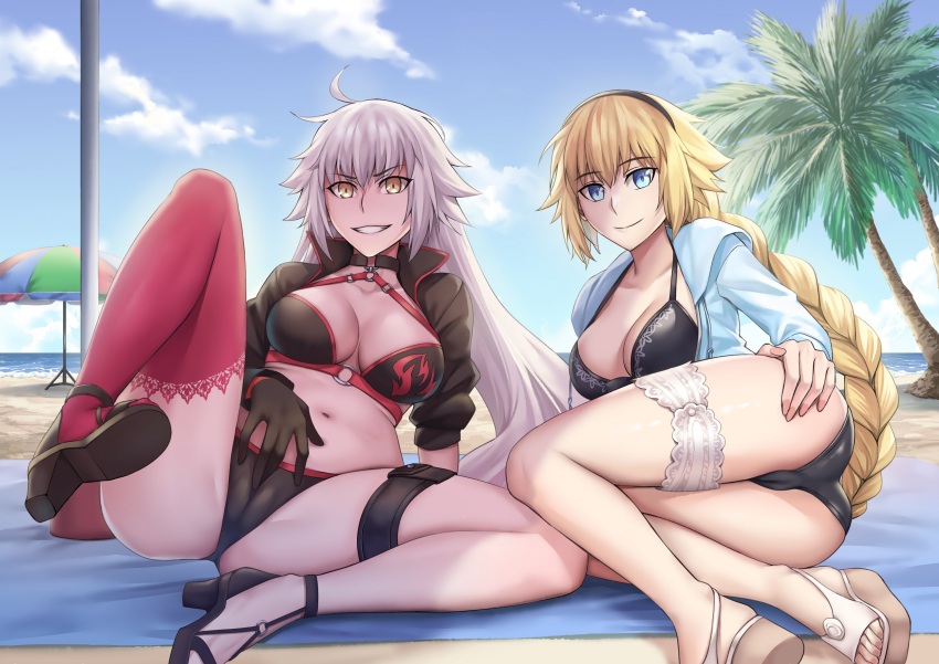 2girls ahoge ass beach bikini black_bikini black_gloves black_jacket blonde_hair blue_eyes blue_jacket braid braided_ponytail breasts cameltoe choker cleavage collarbone cropped_jacket fate/grand_order fate_(series) gloves grey_hair grin hairband highres hood hooded_jacket jacket jeanne_d&#039;arc_(fate) jeanne_d&#039;arc_(swimsuit_archer)_(fate) jeanne_d&#039;arc_(swimsuit_archer)_(first_ascension)_(fate) jeanne_d&#039;arc_alter_(fate) jeanne_d&#039;arc_alter_(swimsuit_berserker)_(fate) large_breasts long_hair long_sleeves looking_at_viewer lying multiple_girls navel o-ring o-ring_bikini red_thighhighs sakuya_(liao_kj) shrug_(clothing) single_thighhigh smile spread_legs swimsuit thigh_strap thighhighs very_long_hair yellow_eyes