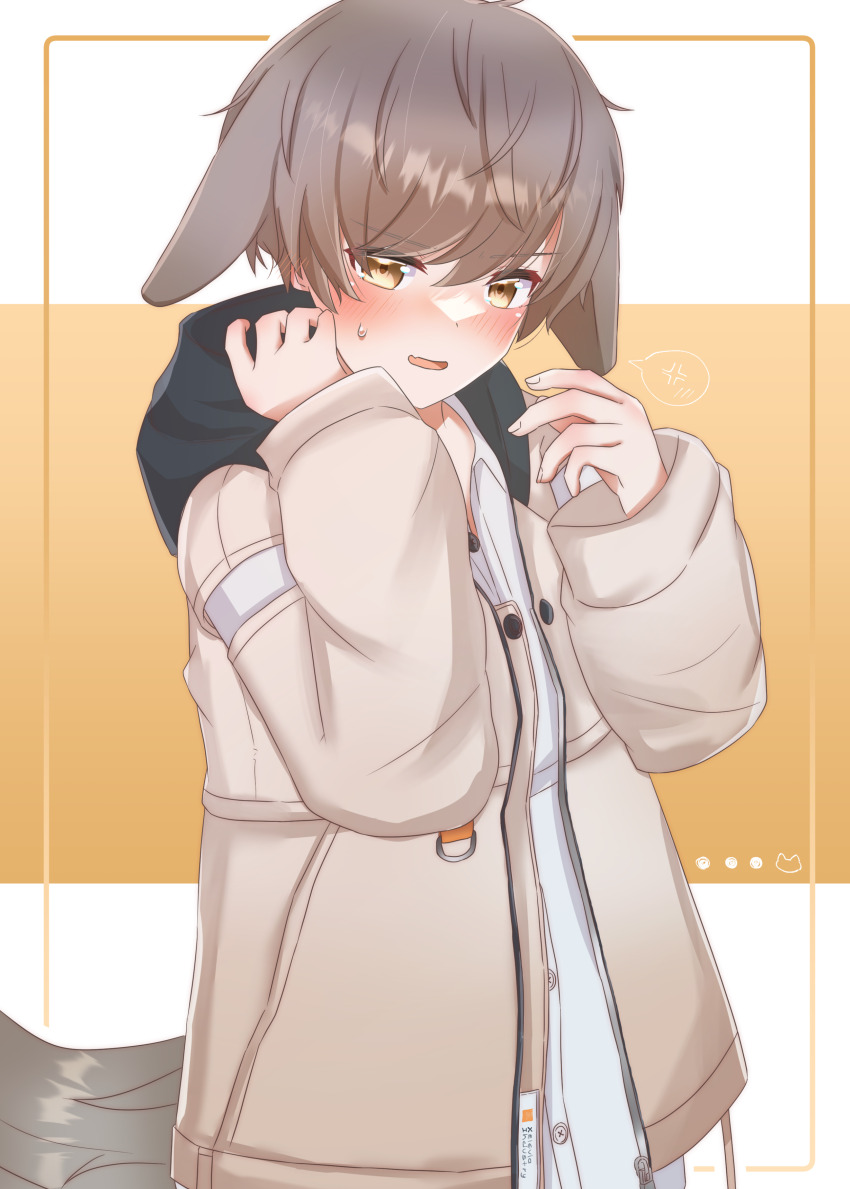 01160226 1boy absurdres animal_ears blush brown_eyes brown_hair dog_boy dog_ears dog_tail highres hood jacket long_sleeves looking_at_viewer male_focus noul_(vrchat) open_mouth rabbit_boy shirt short_hair solo sweatdrop tail vrchat white_shirt yellow_eyes