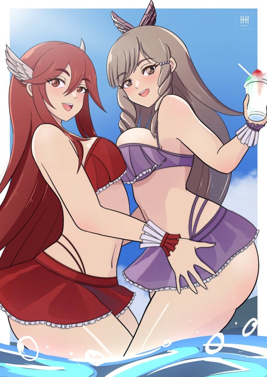 2girls :d alternate_costume asymmetrical_docking bare_arms bikini bikini_skirt breast_press breasts brown_eyes brown_hair cordelia_(fire_emblem) cordelia_(knight_paradise)_(fire_emblem) fire_emblem fire_emblem_awakening fire_emblem_heroes food frills hair_between_eyes hair_ornament highres ihsnet large_breasts long_hair looking_at_viewer medium_breasts midriff multiple_girls navel nintendo ocean official_alternate_costume open_mouth outdoors partially_submerged purple_bikini red_bikini red_eyes red_hair shaved_ice smile sumia_(fire_emblem) swimsuit thighs wing_hair_ornament