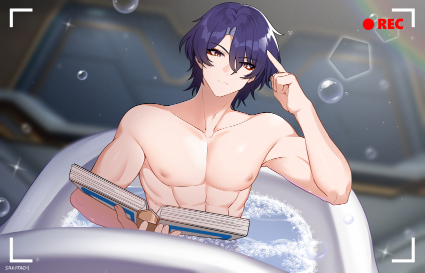 1boy abs artist_name bathing bathtub blurry blurry_background book brown_eyes bubble closed_mouth collarbone dr._ratio_(honkai:_star_rail) grey_hair hair_between_eyes highres holding holding_book honkai:_star_rail honkai_(series) multicolored_hair open_book purple_hair sakotach short_hair solo two-tone_hair water