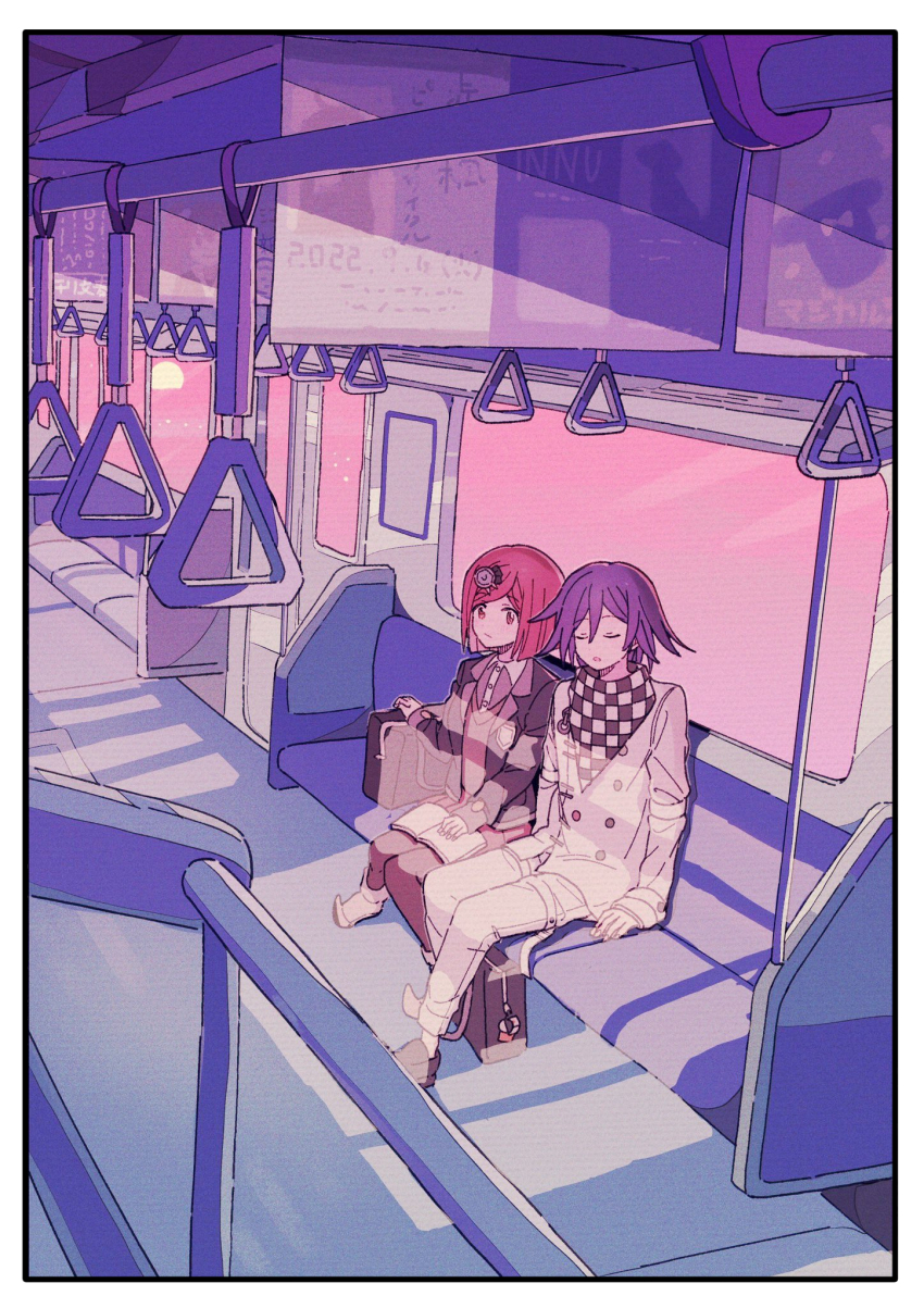 1boy 1girl bag black_jacket border buttons checkered_clothes checkered_scarf closed_eyes collared_shirt commentary_request danganronpa_(series) danganronpa_v3:_killing_harmony flipped_hair gem_hair_ornament hair_between_eyes hair_ornament hand_grip highres jacket long_sleeves multicolored_buttons oma_kokichi pants pantyhose pastel_colors purple_hair purple_theme red_eyes red_hair scarf school_bag school_uniform shirt short_hair sitting sleeping train train_interior two-tone_scarf white_border window xiao_(grsnss25) yumeno_himiko