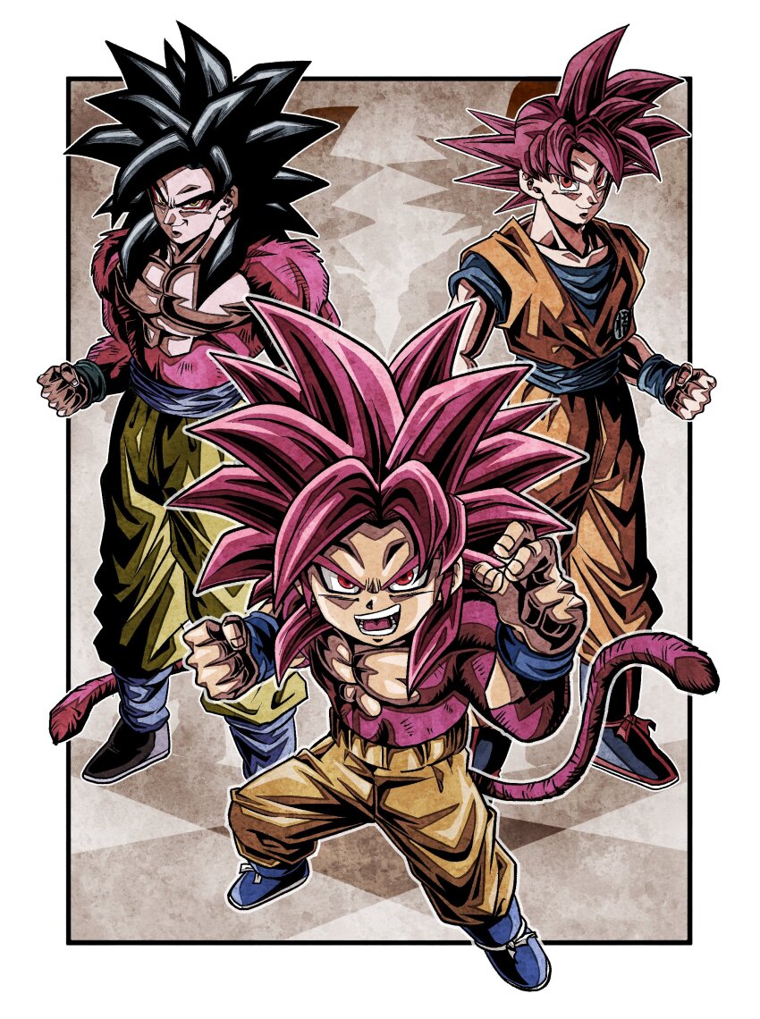 absurdres biceps black_hair blue_sash body_fur closed_mouth dougi dragon_ball dragon_ball_daima dragon_ball_gt dragon_ball_super highres looking_at_viewer male_focus monkey_boy monkey_tail multiple_boys multiple_persona muscular muscular_male open_mouth orange_pants pants pectorals red_eyes red_hair saiyan sash shirt smile son_goku spiked_hair super_saiyan super_saiyan_4 super_saiyan_god tail teeth ushi_(akabec0) wristband