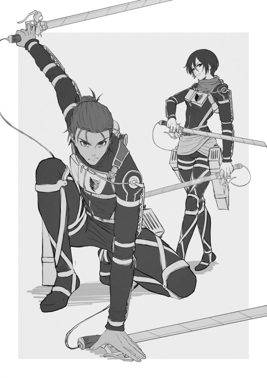 1boy 1girl black_bodysuit bodysuit breasts dual_wielding eren_yeager fighting_stance frown full_body furrowed_brow grey_background hagane_no hair_between_eyes hair_bun highres holding medium_breasts mikasa_ackerman on_one_knee sash shingeki_no_kyojin short_hair three-dimensional_maneuver_gear waist_sash