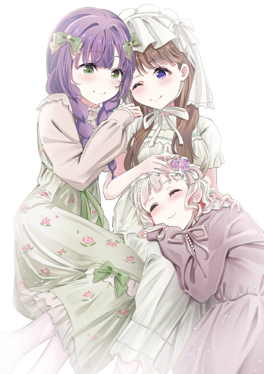3girls ;) ^_^ blush bow braid breasts brown_hair closed_eyes closed_mouth commentary_request cosplay dress feet_out_of_frame frilled_dress frills frontrivers_kae fujishima_megumi green_bow green_dress green_eyes grey_dress grey_hair hair_bow hairband hanamiya_nina hanamiya_nina_(cosplay) hand_on_another&#039;s_shoulder headpat highres lap_pillow large_breasts light_particles link!_like!_love_live! lolita_fashion lolita_hairband long_dress long_hair long_sleeves love_live! low_twin_braids multicolored_hair multiple_girls no_shoes one_eye_closed otomune_kozue purple_eyes purple_hair red_hair sasaki_kotoko sasaki_kotoko_(cosplay) seeno_de!_hasu_no_sora! short_hair short_sleeves sidelocks signature simple_background sitting sleeves_past_wrists smile socks split_mouth streaked_hair sweet_lolita tsukine_kona tsukine_kona_(cosplay) twin_braids twitter_username virtual_youtuber voice_actor_connection wavy_hair white_background white_dress white_socks yugiri_tsuzuri