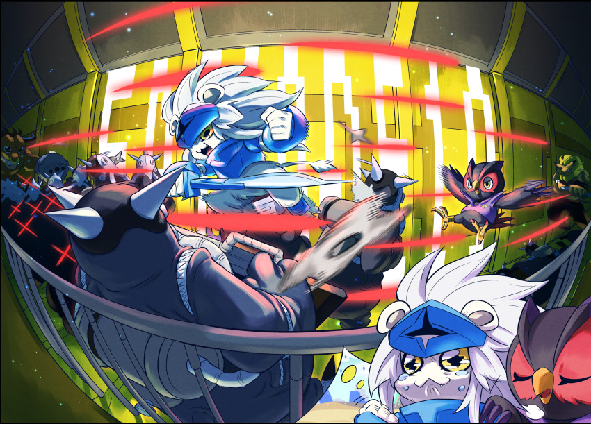 battle bbb_(fabio8552) bird blonde_hair blue_hoodie blue_shirt clenched_hands closed_eyes commentary_request digimon digimon_(creature) digimon_adventure:_(2020) episode_number falcomon fighting gender_request highres hood hoodie horns leomon lion long_hair minotaurmon open_mouth owl shirt shuriken spadamon taurus_(symbol) troopmon weapon white_hair yellow_eyes