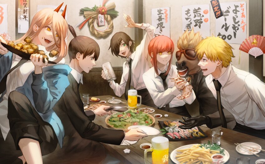 2boys 3girls arm_up beer_mug black_gloves black_hair black_jacket black_necktie black_pants blonde_hair braid braided_ponytail chainsaw_man champi chopsticks collared_shirt cross-shaped_pupils cup denji_(chainsaw_man) eyepatch formal_clothes gloves green_eyes hayakawa_aki highres himeno_(chainsaw_man) holding holding_chopsticks holding_tray horns horse_head horse_mask jacket knives_out long_hair looking_at_another looking_to_the_side makima_(chainsaw_man) mask medium_hair mug multiple_boys multiple_girls necktie open_mouth pants pants_rolled_up power_(chainsaw_man) red_hair red_horns ringed_eyes salad sharp_teeth shirt shirt_partially_tucked_in shirt_tucked_in short_hair sidelocks smile spiked_hair suit suit_jacket symbol-shaped_pupils teeth topknot tray white_shirt yellow_eyes