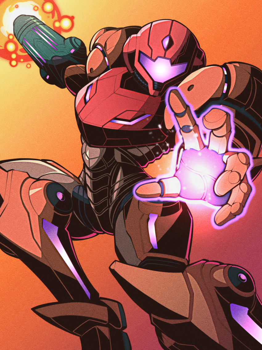 1girl arm_cannon armor helmet highres metroid nintendo offering_hand orange_background pechamaju power_armor power_suit_(metroid) samus_aran solo varia_suit weapon