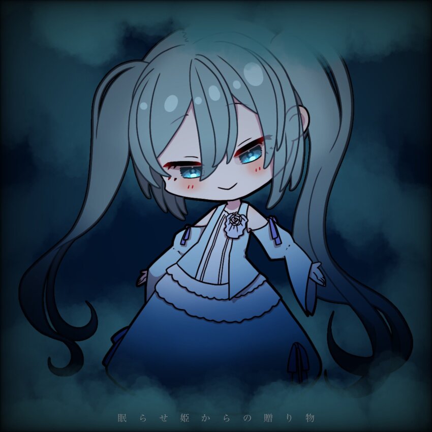1girl aqua_eyes aqua_hair bare_shoulders blue_dress chibi clothing_cutout dress dress_flower dress_ribbon erifura evil_eyes evil_smile evillious_nendaiki flower hair_between_eyes half-closed_eyes hatsune_miku head_tilt highres light_blue_dress light_blush long_hair looking_at_viewer lyrics margarita_blankenheim nemurase_hime_kara_no_okurimono_(vocaloid) rose shoulder_cutout smile solo twintails very_long_hair vocaloid white_flower white_rose wide_sleeves