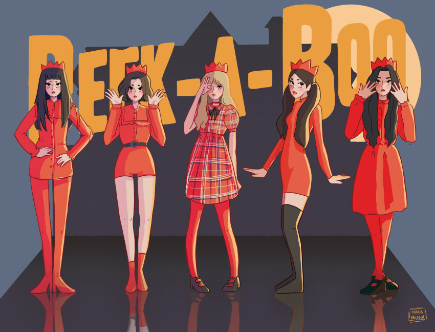 5girls absurdres belt black_footwear black_hair blonde_hair blunt_bangs commentary_request crown dress full_body highres irene_(red_velvet) joy_(red_velvet) k-pop long_sleeves looking_at_viewer miadresden multiple_girls pantyhose real_life red_dress red_pantyhose red_velvet_(group) seulgi_(red_velvet) short_hair short_sleeves song_name thighhighs twintails wendy_(red_velvet) yeri_(red_velvet)