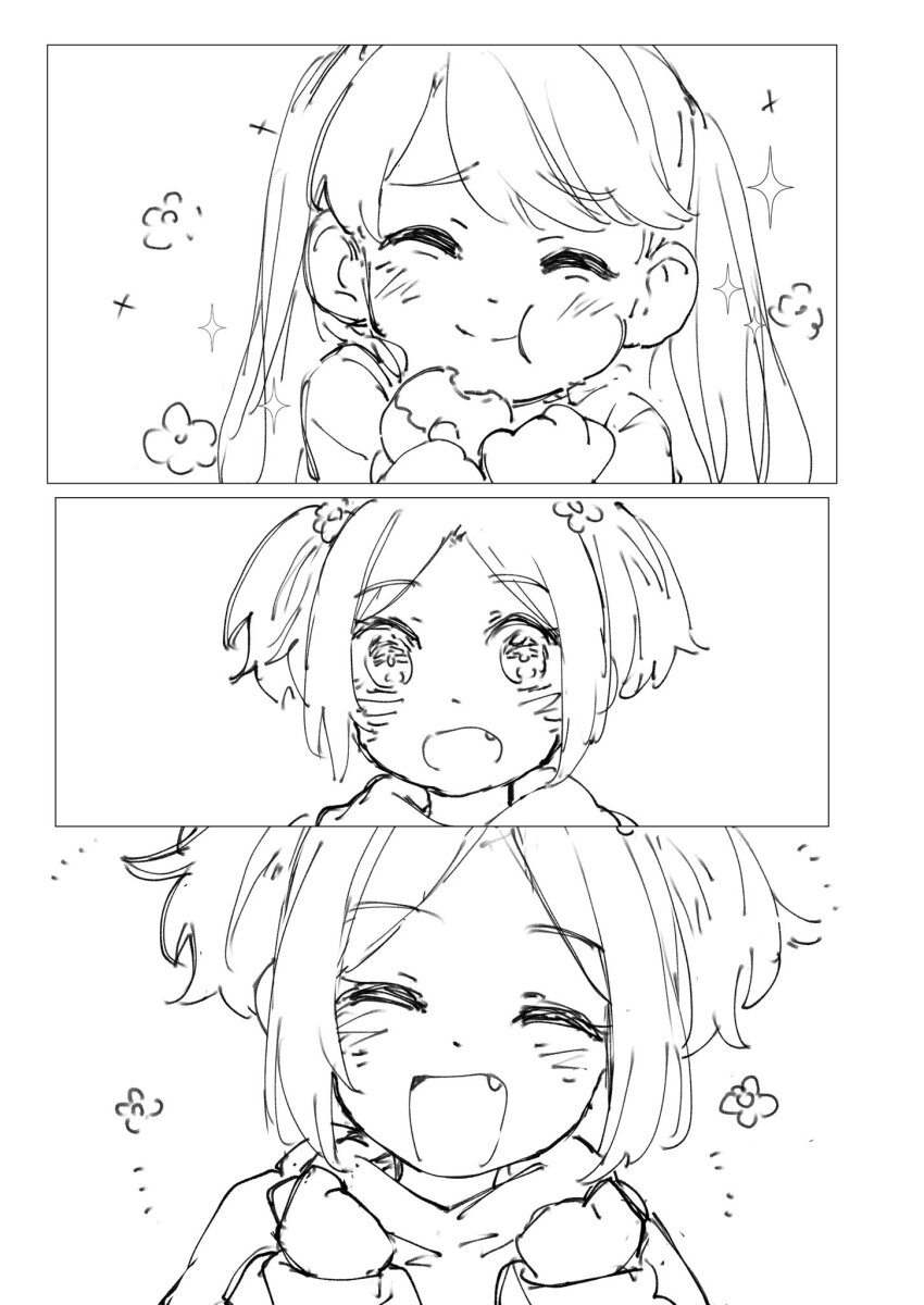 2girls :d :t ^_^ blush child clenched_hands closed_eyes fang food fujishima_megumi fujishima_megumi_(young) greyscale happy highres holding holding_food hood hood_down hoodie l9525 link!_like!_love_live! long_hair love_live! mira-cra_park! monochrome multiple_girls open_mouth osawa_rurino osawa_rurino_(young) parted_bangs profile short_hair short_twintails smile sparkle sweater turtleneck turtleneck_sweater twintails two_side_up virtual_youtuber