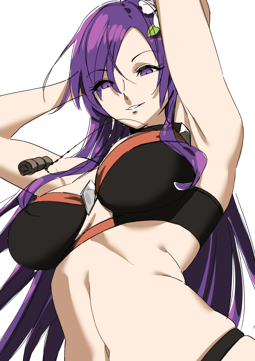 1girl absurdres armpits arms_behind_head bikini black_bikini breasts female_shez_(fire_emblem) female_shez_(summer)_(fire_emblem) fire_emblem fire_emblem:_three_houses fire_emblem_heroes fire_emblem_warriors:_three_hopes flower from_below grin hair_flower hair_ornament half-closed_eyes highres jewelry long_hair medium_breasts necklace nintendo official_alternate_costume purple_eyes purple_hair rasupekuto smile solo swimsuit
