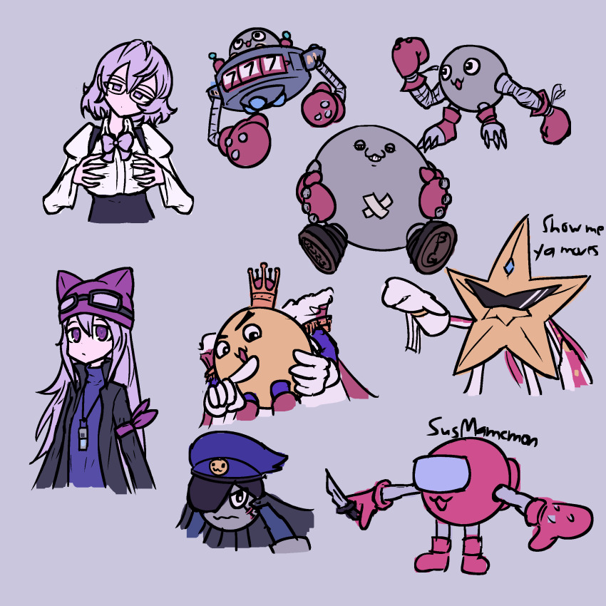 2girls absurdres among_us banchomamemon banchou bigmamemon catchmamemon delinquent digimon gloves highres knife mamemon mikagura_mirei multiple_girls princemamemon sayo_(digimon) sunglasses superstarmon