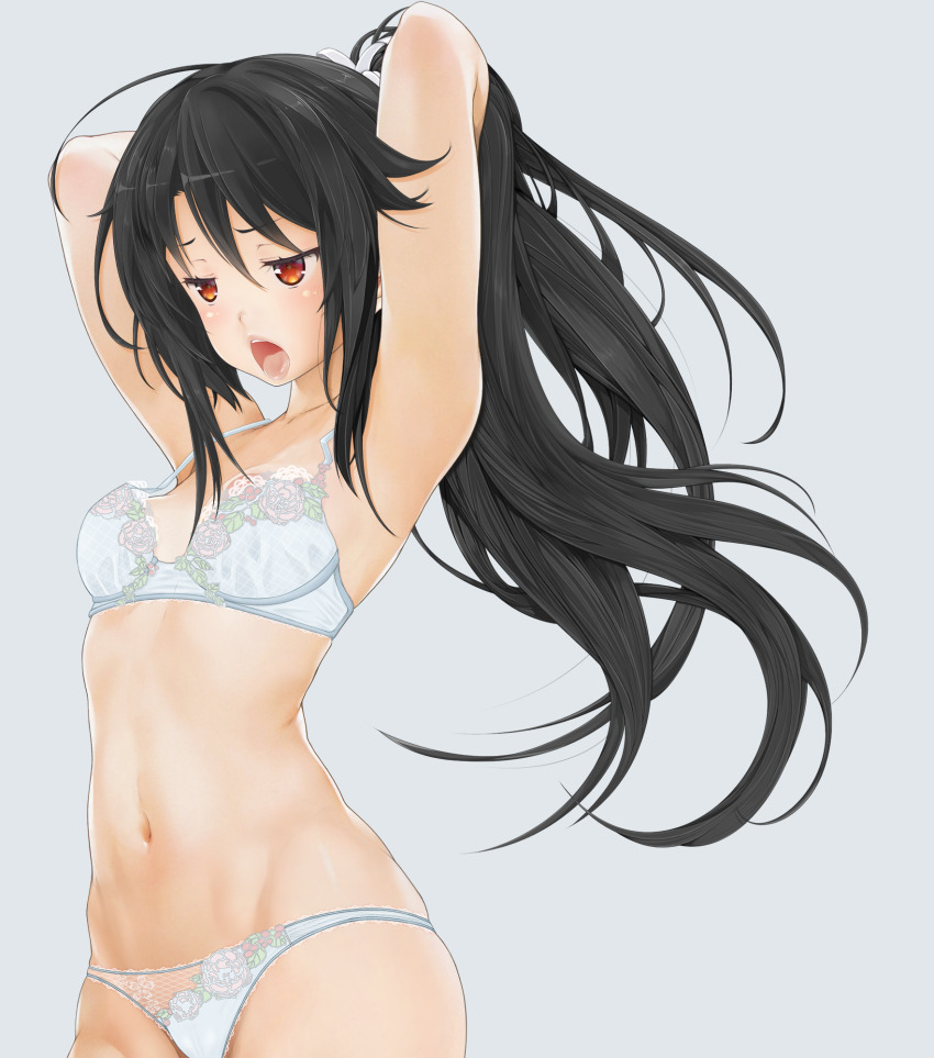 1girl ahoge ayase_shichikai black_hair bra breasts grey_background hair_ribbon high_school_fleet highres holding holding_own_hair long_hair munetani_mashiro navel open_mouth panties ponytail red_eyes ribbon simple_background small_breasts solo underwear underwear_only white_bra white_panties yawning