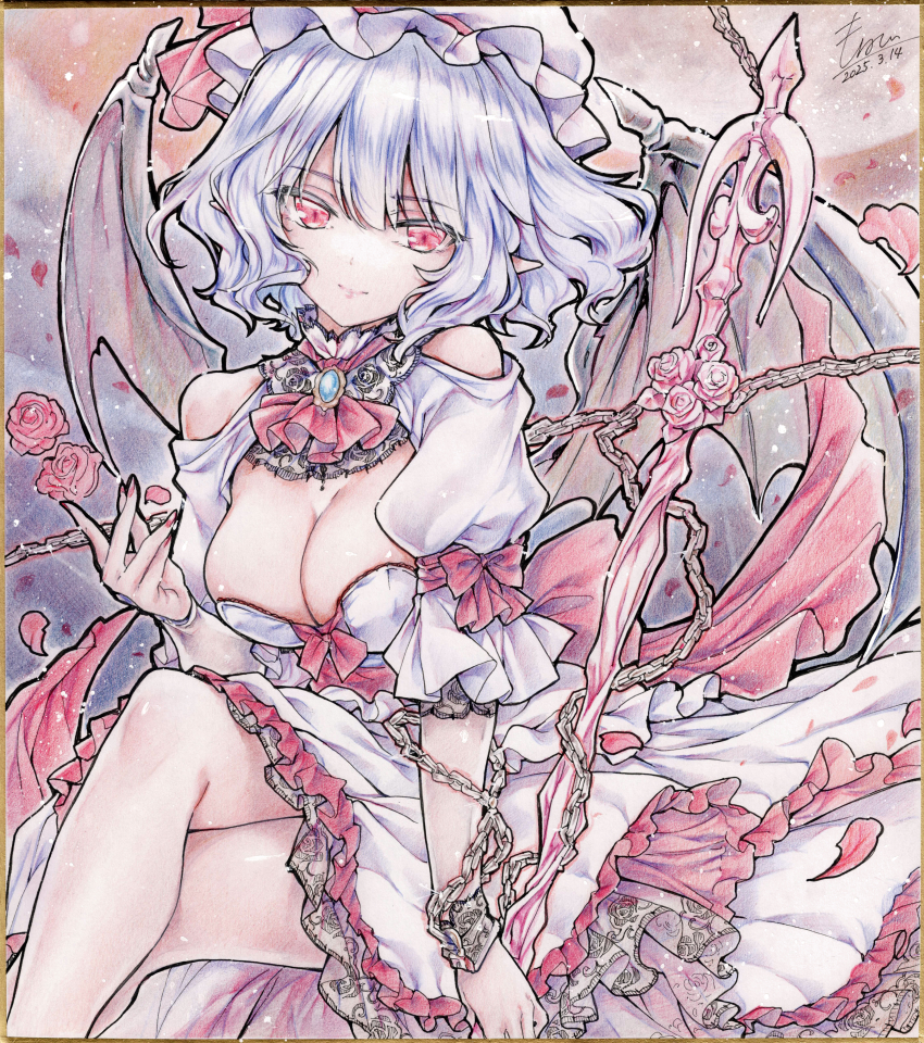 1girl absurdres alternate_costume ascot bat_wings blue_hair bow breasts brooch chain cleavage closed_mouth commentary_request crossed_legs dated dress falling_petals flower frilled_dress frills hat hat_ribbon highres jewelry large_breasts looking_at_viewer medium_hair mob_cap monety petals pointy_ears red_ascot red_bow red_eyes red_flower red_petals red_ribbon red_rose remilia_scarlet ribbon rose shikishi signature sleeve_bow smile solo touhou traditional_media white_dress wings