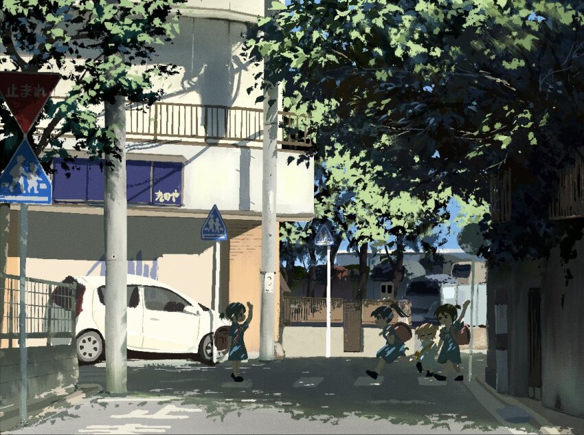 4girls awoi_(awoiro7) backpack bag black_footwear black_hair blonde_hair blue_dress building car child crosswalk dappled_sunlight day dress full_body hand_grab motor_vehicle multiple_girls open_mouth original outdoors pedestrian_crossing_sign ponytail railing randoseru red_bag road road_sign running sailor_dress scenery school_crossing_sign school_uniform short_hair short_ponytail shoulder_bag sign smile street sunlight town tree tree_shade utility_pole walking waving yellow_bag