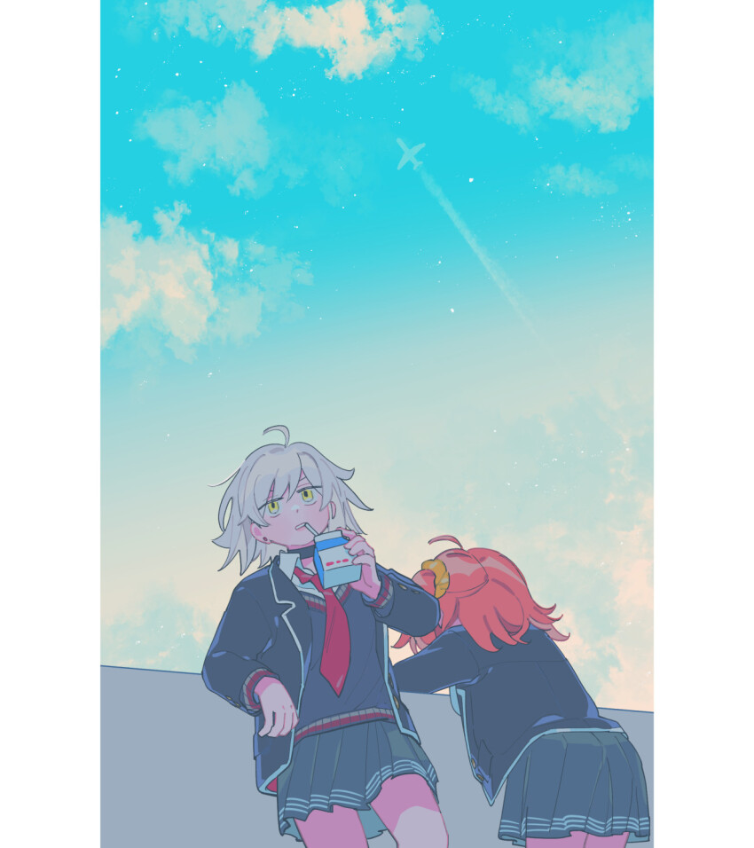 2girls ahoge aircraft airplane armrest black_choker black_jacket blazer blue_sky choker cloud collared_shirt contrail earrings fate/grand_order fate_(series) food from_behind fujimaru_ritsuka_(female) grey_skirt grey_sweater hair_ornament hair_scrunchie highres holding holding_food holding_milk_carton jacket jeanne_d&#039;arc_alter_(fate) jewelry lapels long_sleeves milk_carton multiple_girls necktie notched_lapels official_alternate_costume one_side_up oneroom-disco open_clothes open_jacket orange_hair outdoors pillarboxed pleated_skirt red_necktie school_uniform scrunchie shirt short_hair skirt sky stud_earrings sweater v-neck white_hair white_shirt yellow_eyes yellow_scrunchie