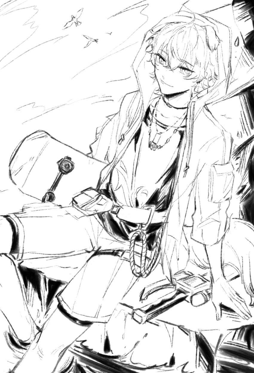 1boy animal_ears arknights belt bird chinese_commentary collarbone dog_boy dog_ears dog_tail fanny_pack highres holding holding_skateboard hood hood_up hooded_jacket jacket jewelry jewerly light_smile looking_at_viewer male_focus messy_hair necklace platform rope schwarzcrz short_sleeves shorts sitting sitting_on_object skateboard smile solo sword tail tequila_(arknights) thigh_strap translation_request vest water weapon white_jacket
