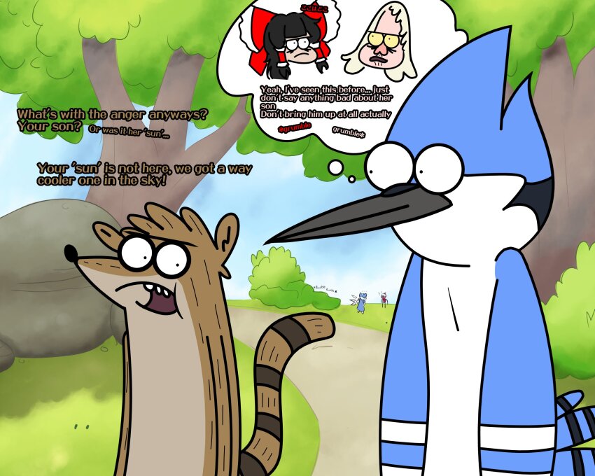 1girl 2boys bird_boy cirno commentary english_commentary english_text hakurei_reimu highres male_focus mordecai_(regular_show) multiple_boys outdoors raccoon_boy regular_show rigby rownou skips speech_bubble thought_bubble touhou tree