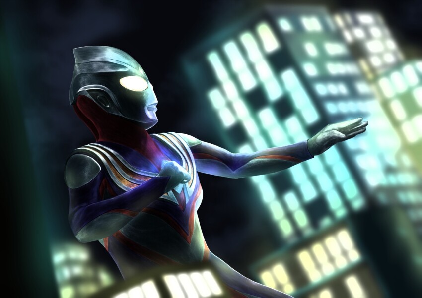 1boy alien armor black_sky blurry blurry_background blurry_foreground breastplate building city city_lights cityscape clenched_hand color_timer colored_skin commentary compound_eyes cowboy_shot crystal depth_of_field dorsal_fin dutch_angle fighting_stance forehead_jewel giant glowing glowing_eyes looking_ahead male_focus multicolored_skin night night_sky outdoors outstretched_arm pectorals purple_skin red_skin silver_skin sky skyscraper solo standing tachibana_satsuki_(artist) tokusatsu toned toned_male ultra_series ultraman_tiga ultraman_tiga_(multi_type) ultraman_tiga_(series) wrinkled_skin