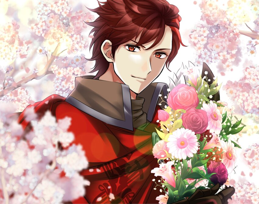 1boy absurdres bouquet cape collared_cloak diamant_(fire_emblem) fire_emblem fire_emblem_engage flower high_collar highres holding holding_bouquet kakiko210 male_focus nintendo pink_flower red_cape red_flower red_hair