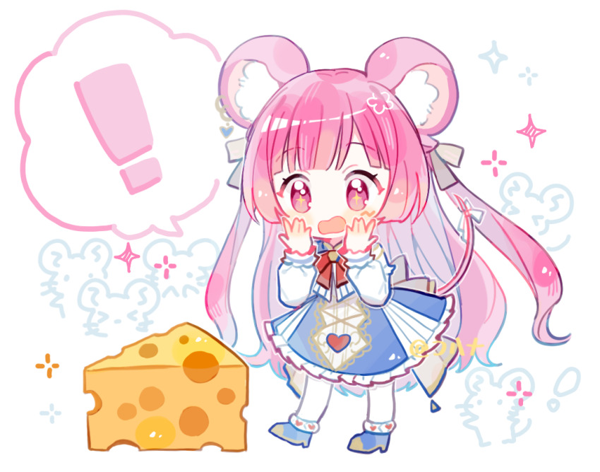 ! +_+ 1girl \||/ animal_background animal_ears back_ribbon blue_dress blue_shoes blunt_bangs bow bowtie cheese chestnut_mouth chibi chibi_only chinese_commentary cohana commentary connect_hearts_message_(project_sekai) dress food frilled_dress frilled_sleeves frills full_body grey_ribbon hair_ribbon hands_on_own_cheeks hands_on_own_face hands_up heart heart_print light_blush long_hair long_sleeves looking_at_food mouse_(animal) mouse_ears mouse_girl mouse_tail multicolored_dress official_alternate_costume official_alternate_hair_length official_alternate_hairstyle ootori_emu pantyhose pink_hair pleated_dress project_sekai red_bow red_bowtie ribbon shoes solo sparkle spoken_exclamation_mark standing tail tail_ornament tail_ribbon very_long_hair white_background white_dress white_pantyhose