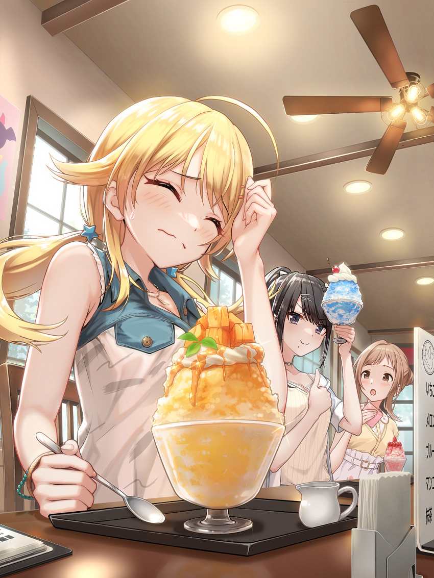 3girls ahoge blush closed_eyes commentary_request cup food fruit hachimiya_meguru hair_flaps headache highres holding holding_cup holding_spoon idolmaster idolmaster_shiny_colors illumination_stars_(idolmaster) kazano_hiori looking_at_another looking_at_viewer macha0331 mango multiple_girls restaurant sakuragi_mano shaved_ice spoon twintails