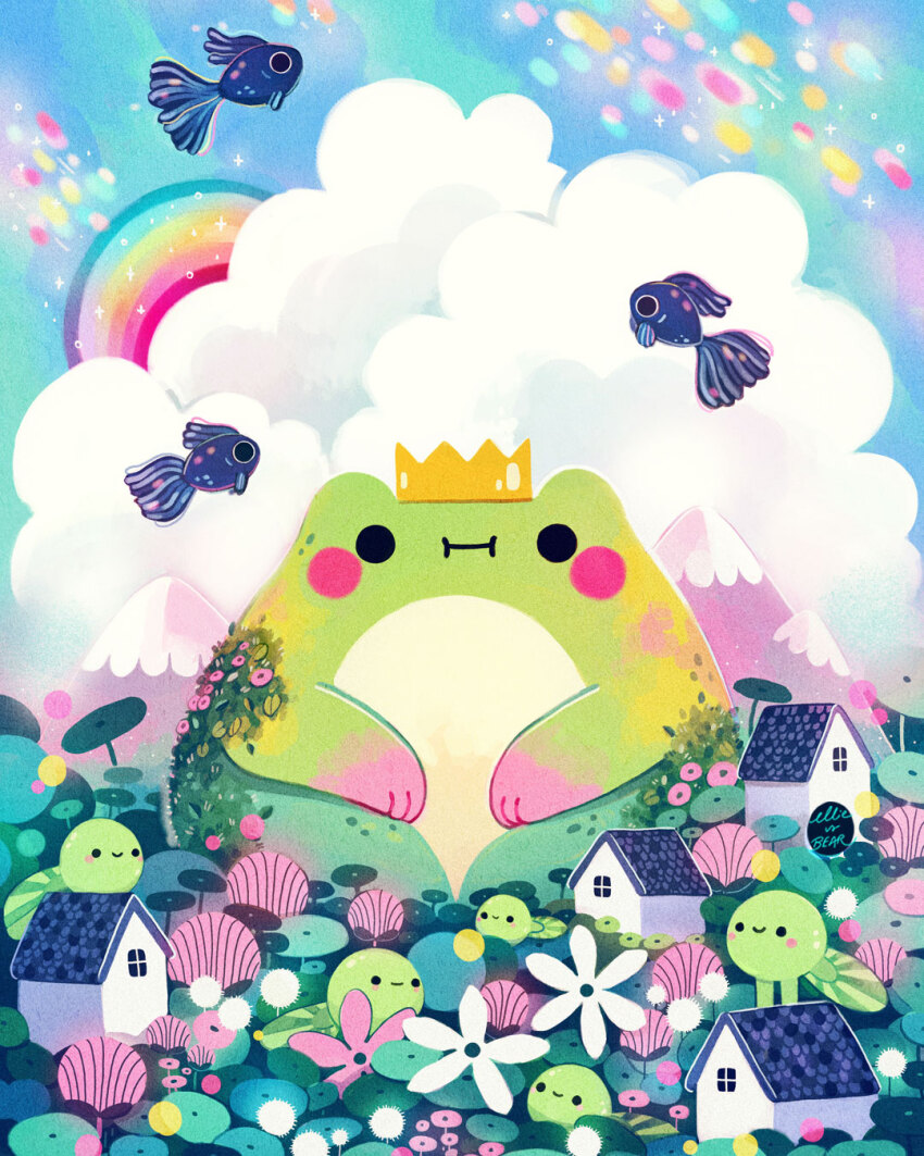 artist_name building cloud creature crown day ellievsbear fish flower flying_fish frog full_body highres house lily_pad moss mountain mountainous_horizon original outdoors pink_flower plant rainbow signature sitting sky smile solid_circle_eyes tadpole white_flower