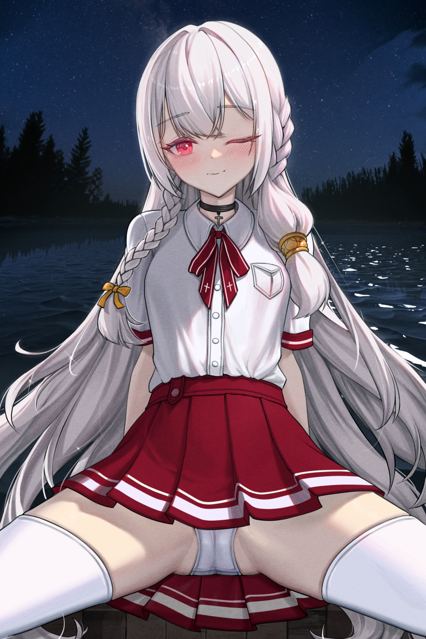 1girl absurdres black_choker braid choker commission forest highres long_hair nature neck_ribbon night night_sky one_eye_closed original outdoors panties pink_eyes pleated_skirt red_ribbon red_skirt ribbon shirt short_sleeves skirt sky solo thighhighs tree underwear very_long_hair water white_hair white_panties white_shirt white_thighhighs yeonrizee