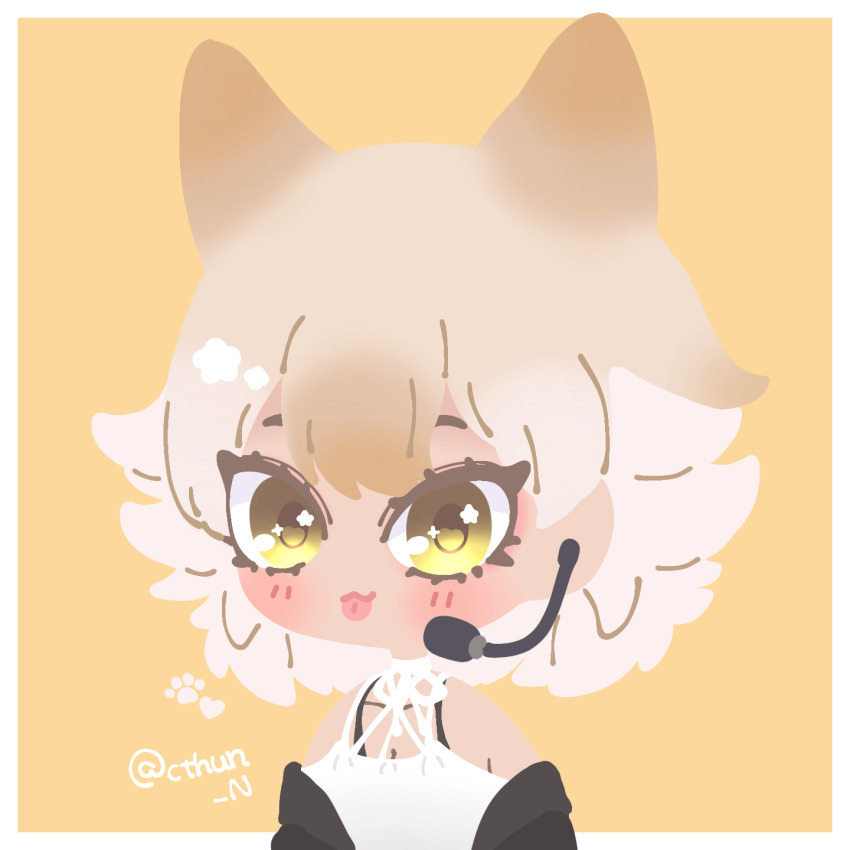 1girl animal_ears bare_shoulders black_jacket blonde_hair brown_background camisole coyote_(kemono_friends) cthun_n extra_ears highres jacket kemono_friends kemono_friends_v_project looking_at_viewer microphone short_hair simple_background solo tongue upper_body virtual_youtuber wolf_ears wolf_girl yellow_eyes