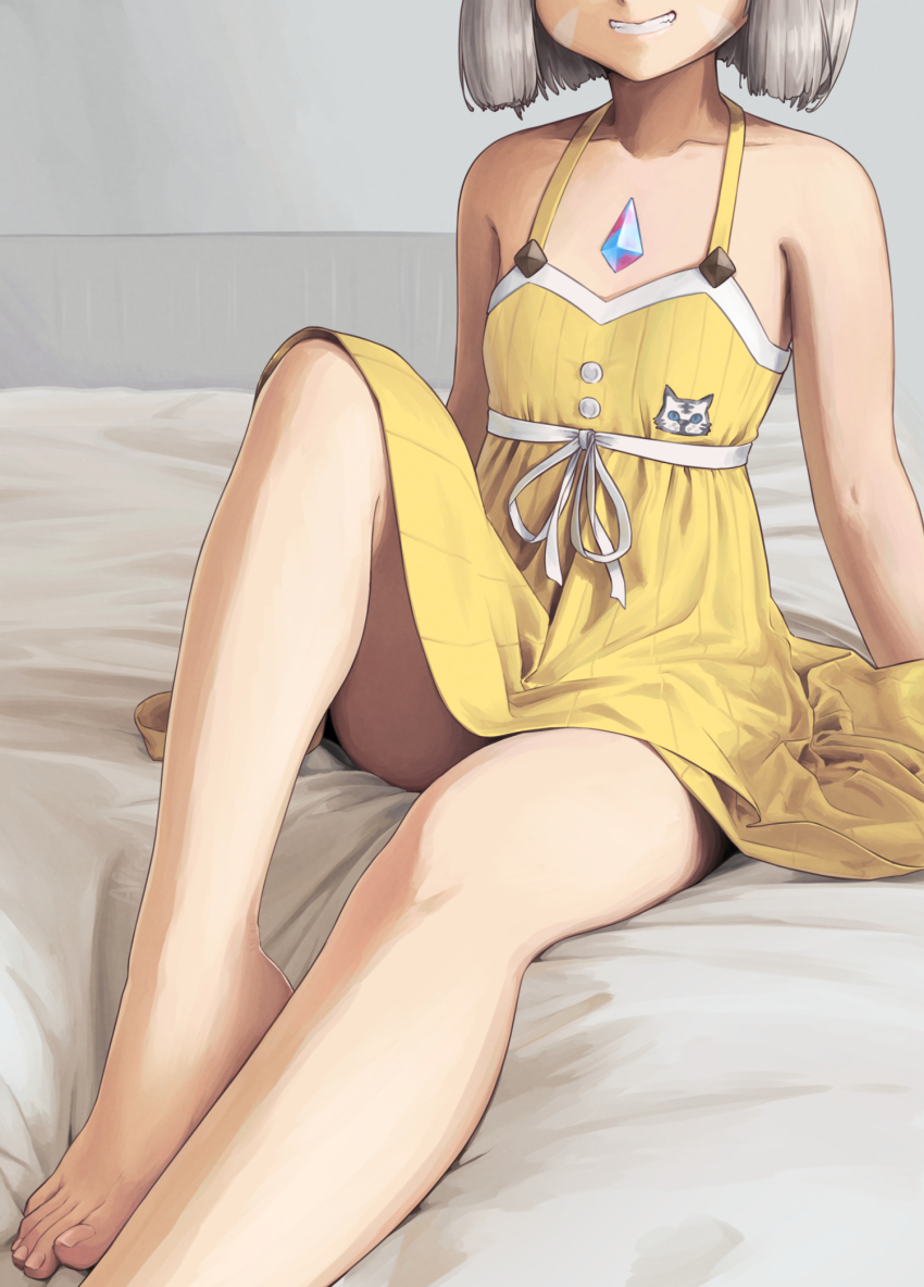 1girl alten animal_ears bare_legs bare_shoulders barefoot breasts cat_ears character_pin chest_jewel commentary core_crystal_(xenoblade) dress dress_swimsuit english_commentary eyes_out_of_frame facial_mark feet female_focus grey_hair grin head_out_of_frame highres knee_up legs looking_at_viewer nia_(fancy_sundress)_(xenoblade) nia_(xenoblade) official_alternate_costume on_bed one-piece_swimsuit short_hair sitting smile solo sundress swimsuit toenails toes xenoblade_chronicles_(series) xenoblade_chronicles_2 yellow_dress yellow_eyes yellow_one-piece_swimsuit