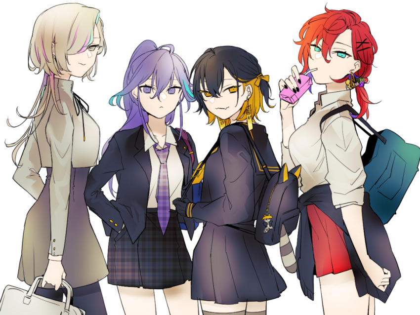 029jrr 4girls :3 animal_bag aqua_eyes aqua_hair arm_at_side backpack bag bag_charm black_hair black_jacket black_nails black_pantyhose black_serafuku black_skirt blazer blonde_hair charm_(object) closed_mouth clothes_around_waist cowboy_shot cropped_jacket dress drink drinking_straw drinking_straw_in_mouth earrings fake_tail fang fang_out frown genderswap genderswap_(mtf) grey_dress grey_eyes grey_hair grey_jacket grey_thighhighs hair_ornament hair_over_one_eye hairclip hand_up hands_in_pockets hizaki_gamma holding holding_bag holding_carton holding_drink holding_strap holostars jacket jacket_around_waist jewelry juice_box looking_back looking_to_the_side minase_rio multicolored_hair multiple_girls nail_polish neckerchief necktie one_eye_covered one_side_up pantyhose pink_hair plaid_clothes plaid_necktie plaid_skirt pleated_skirt ponytail purple_eyes purple_hair purple_necktie red_hair red_skirt school_bag school_uniform serafuku shirt short_hair side_ponytail simple_background skirt sleeves_rolled_up smirk streaked_hair tail thighhighs two-tone_hair uproar_(holostars) utsugi_uyu white_background white_shirt yatogami_fuma yellow_eyes yellow_neckerchief zettai_ryouiki