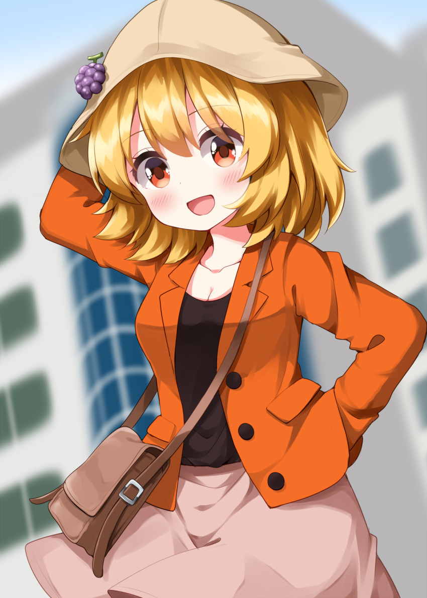 1girl aki_minoriko blonde_hair breasts brown_hat cleavage grape_hat_ornament hand_in_pocket hat highres jacket long_sleeves looking_at_viewer orange_jacket puffy_long_sleeves puffy_sleeves red_eyes ruu_(tksymkw) short_hair smile solo touhou