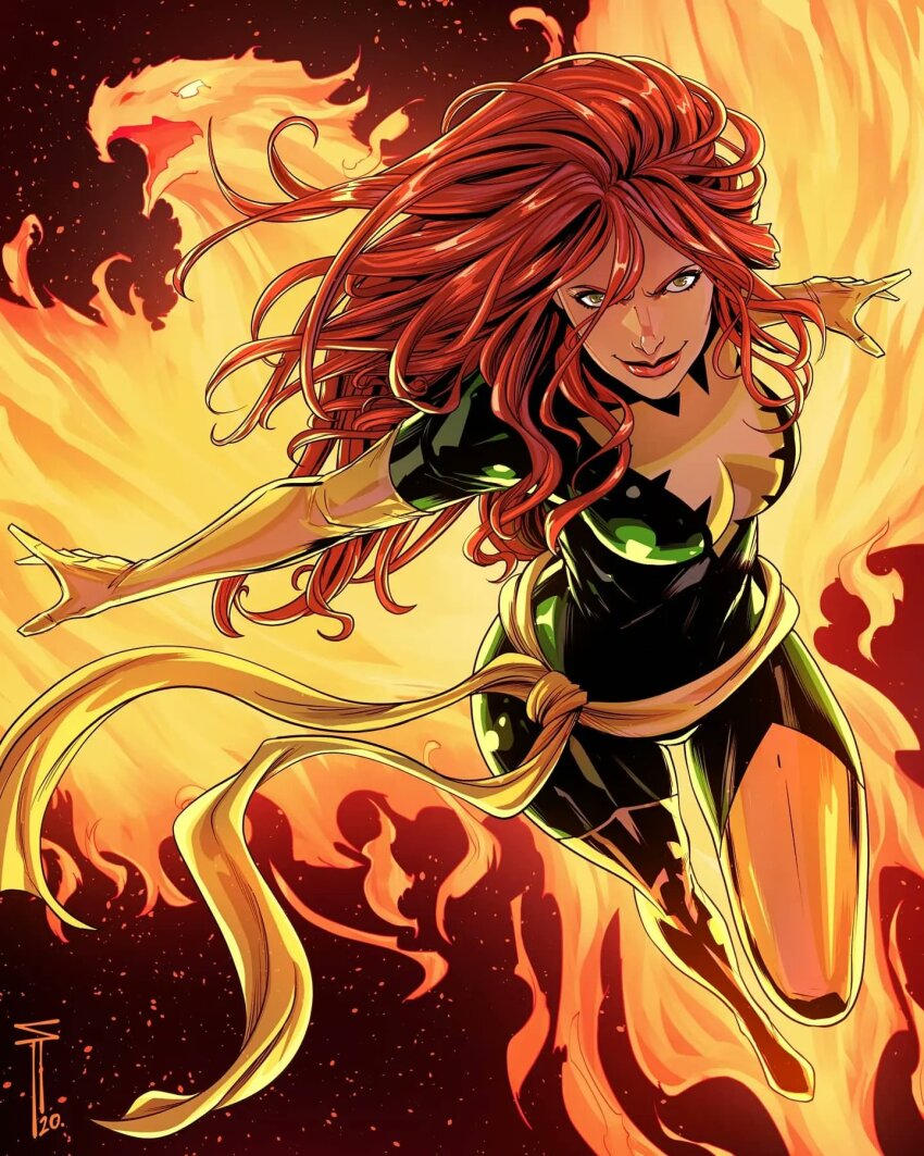 1girl bodysuit boots breasts elbow_gloves fire gloves green_bodysuit green_eyes highres jean_grey knee_boots long_hair looking_at_viewer marvel medium_breasts phoenix_(x-men) red_hair red_lips sash sergacuna signature solo two-tone_bodysuit waist_sash x-men yellow_bodysuit yellow_boots yellow_gloves yellow_sash