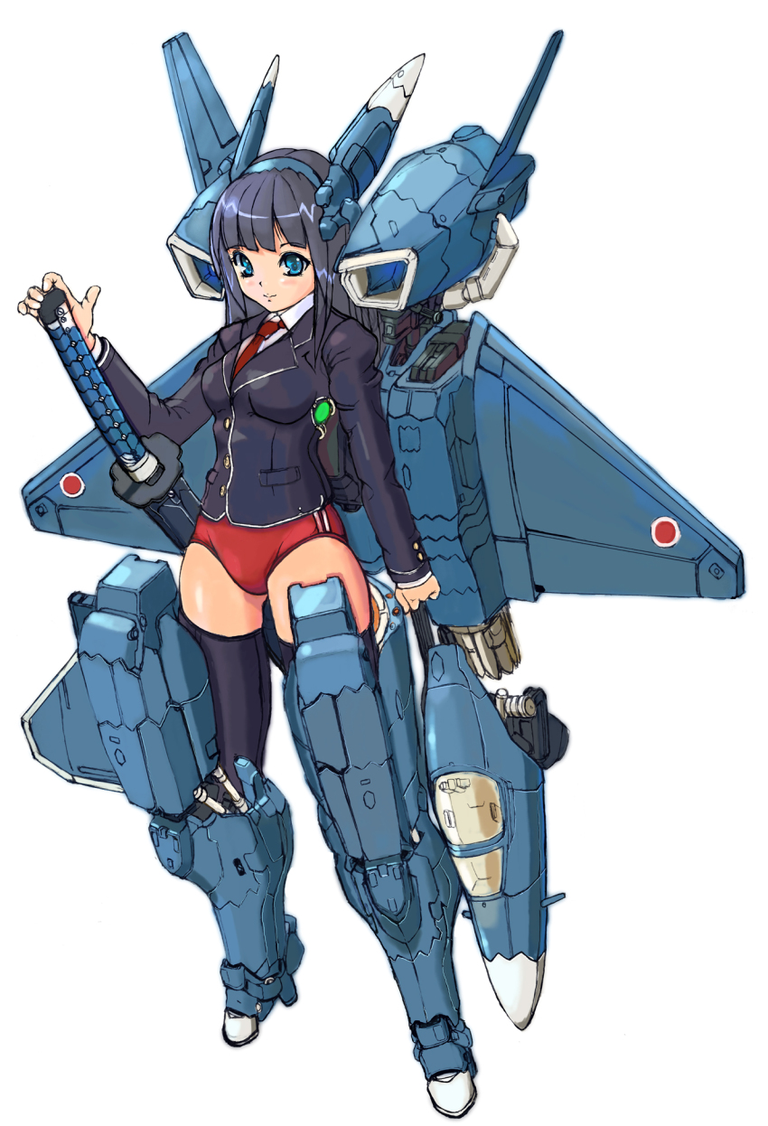 1girl aircraft airplane black_hair black_thighhighs buruma female_focus green_eyes highres jet katana long_hair mecha_musume military mitsubishi_atd-x necktie original simple_background solo soukaa_(artist) soukaa_(golden_sash) sword thighhighs weapon white_background