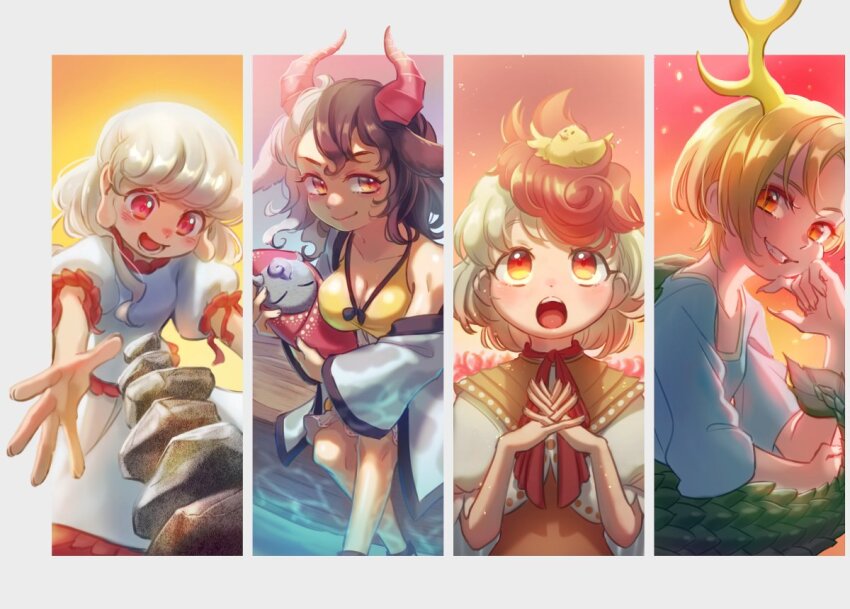 4girls animal animal_on_head antlers bird bird_on_head black_hair blonde_hair blue_shirt blush breasts chick cleavage closed_mouth collarbone cow_horns dragon_horns dragon_tail dress ebisu_eika fingernails green_tail grey_hair grin hand_on_own_cheek hand_on_own_face hand_up haori horns japanese_clothes kicchou_yachie large_breasts looking_at_viewer multicolored_hair multiple_girls niwatari_kutaka on_head open_mouth orange_dress orange_eyes pink_lips puffy_short_sleeves puffy_sleeves red_eyes red_hair red_horns scales sharp_fingernails sharp_teeth shirt short_hair short_sleeves smile split-color_hair stone tail teeth touhou turtle_shell two-tone_hair ukata ushizaki_urumi white_dress white_hair white_shirt wily_beast_and_weakest_creature yellow_horns