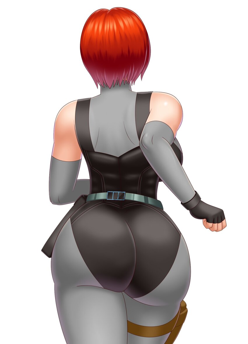 1girl ass back backboob black_gloves black_leotard bluebullpen bodysuit breasts curvy dino_crisis elbow_gloves fingerless_gloves from_behind gloves highres huge_ass large_breasts leotard red_hair regina_(dino_crisis) short_hair simple_background skin_tight solo thick_thighs thighs turtleneck white_background wide_hips