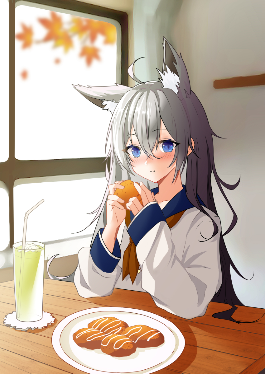 1girl absurdres ahoge animal_ear_fluff animal_ears ascot autumn_leaves blue_eyes blurry blurry_background blush chewing chinese_commentary closed_mouth collarbone croquette crossed_bangs cup drinking_glass drinking_straw eating extra_ears eyelashes food forehead fox_ears fox_girl grey_hair hair_between_eyes highres holding holding_food indoors leaf long_hair long_sleeves looking_at_viewer maple_leaf original paheide_guang plate school_uniform serafuku shadow solo split_mouth table upper_body white_sleeves wooden_table