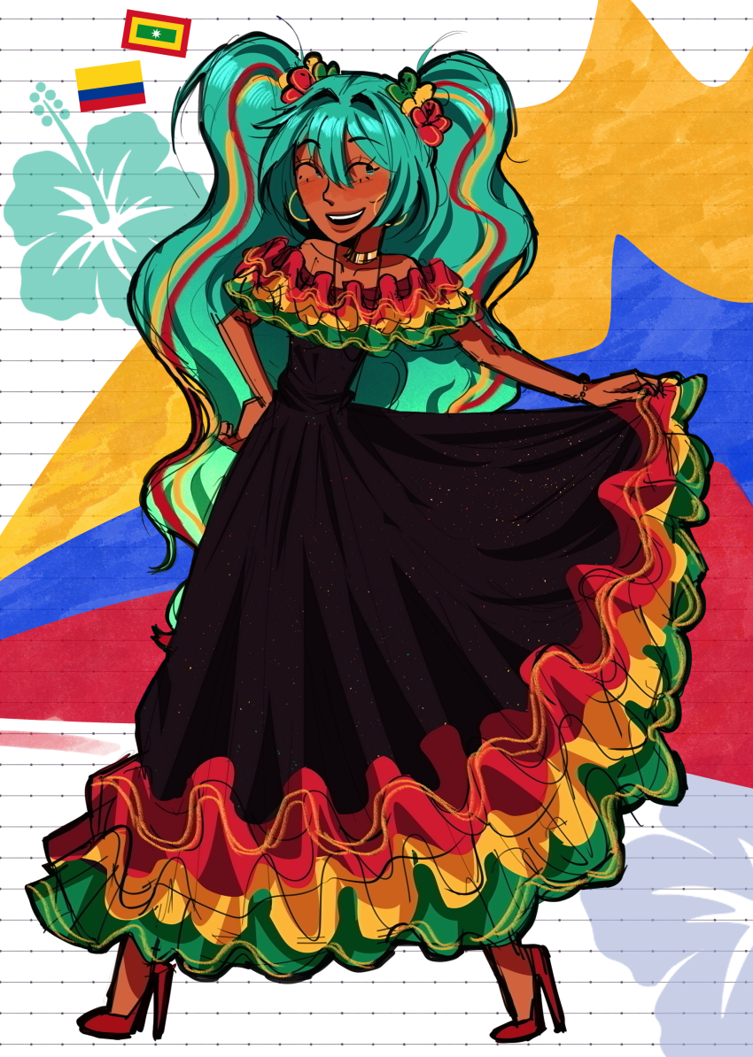 1girl absurdres barranquilla blue_hair colombia colombian_clothes colombian_flag colombian_miku dark-skinned_female dark_skin dress flower flower_on_head hair_ornament hatsune_miku highres