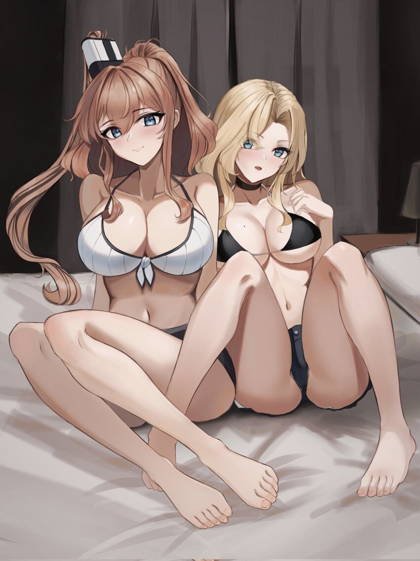 1girl 2girls bed bikini blonde_hair blue_eyes breasts brown_hair choker dimos_(dawn_1945) high_side_ponytail highres hornet_(kancolle) kantai_collection large_breasts long_hair multiple_girls on_bed ponytail saratoga_(kancolle) shirt side_ponytail swimsuit