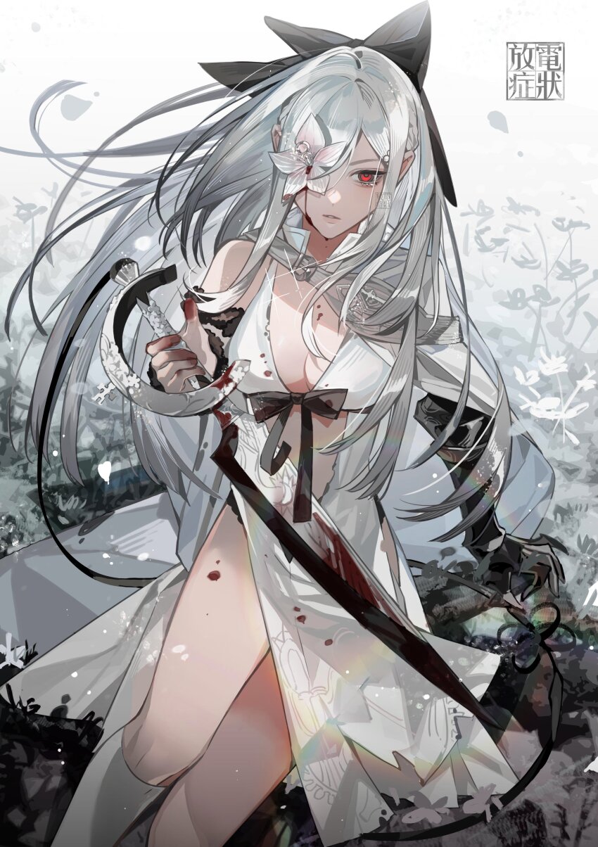 1girl absurdres black_bow blood blood_drop blood_on_clothes blood_on_face bloody_weapon bow breasts cape cleavage commentary detached_sleeves drag-on_dragoon drag-on_dragoon_3 dress feet_out_of_frame flower flower_over_eye hair_bow highres holding holding_sword holding_weapon kneehighs large_breasts long_hair looking_at_viewer lunar_tear mechanical_arms one_eye_covered penzai_fengli red_eyes side_cape sidelocks single_bare_shoulder single_mechanical_arm single_sleeve socks solo standing swept_bangs sword very_long_hair weapon white_cape white_dress white_hair white_sleeves white_socks zero_(drag-on_dragoon)